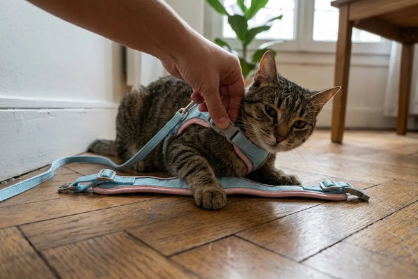 Chat tenu en laisse explorant dehors sans risque de fugue