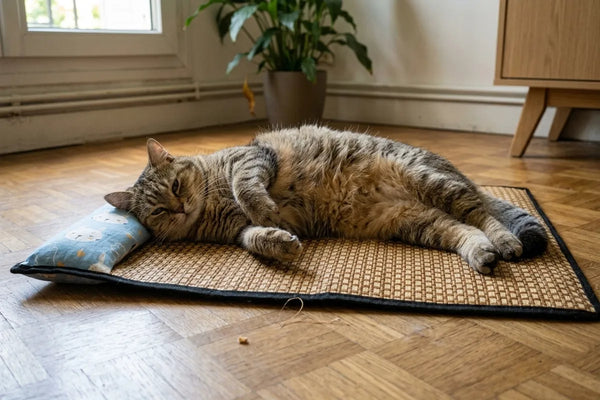 Chat allongé sur le tapis rafraîchissant en plein été