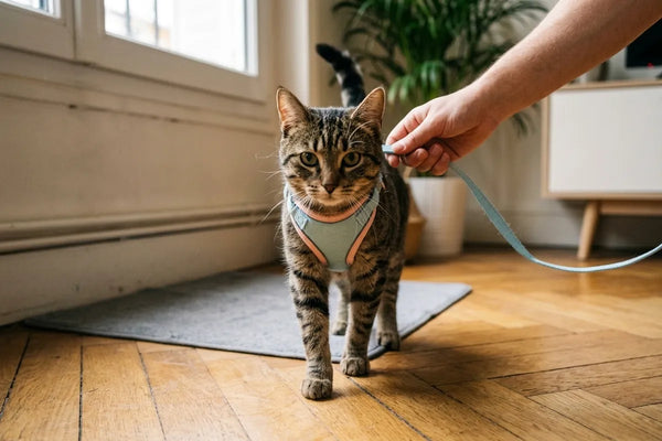 Gros plan du harnais répartissant la pression sur le poitrail du chat