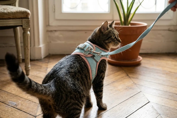 Mains équipant un chat avec le harnais step-in en quelques secondes