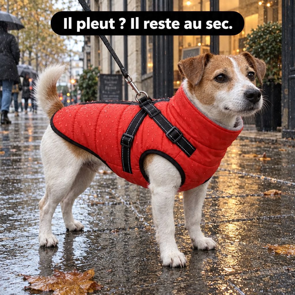 Jack Russell au sec sous la pluie grâce à son manteau imperméable rouge