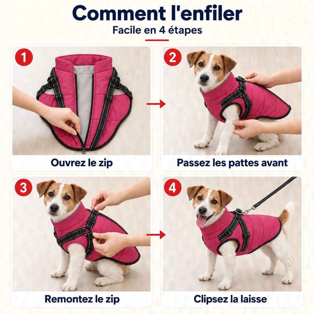Comment enfiler le manteau chien en 4 étapes : ouvrir le zip, passer les pattes avant, remonter le zip, clipser la laisse