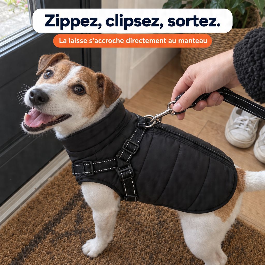 La laisse s'accroche directement à l'anneau en D du harnais intégré au manteau