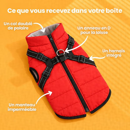 Contenu du colis : le manteau 3-en-1 avec son harnais intégré et son anneau en D
