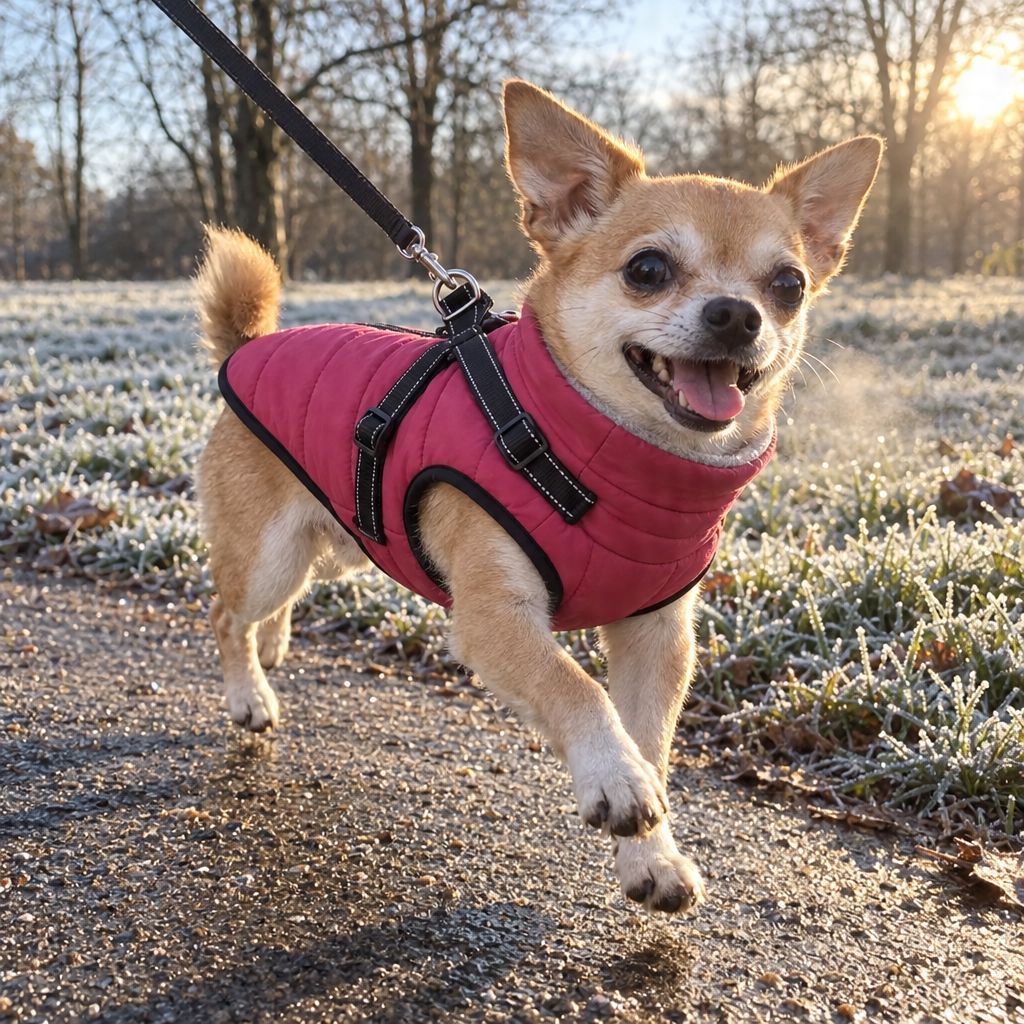 Chihuahua heureux et au chaud dans son manteau framboise lors d'une balade d'hiver