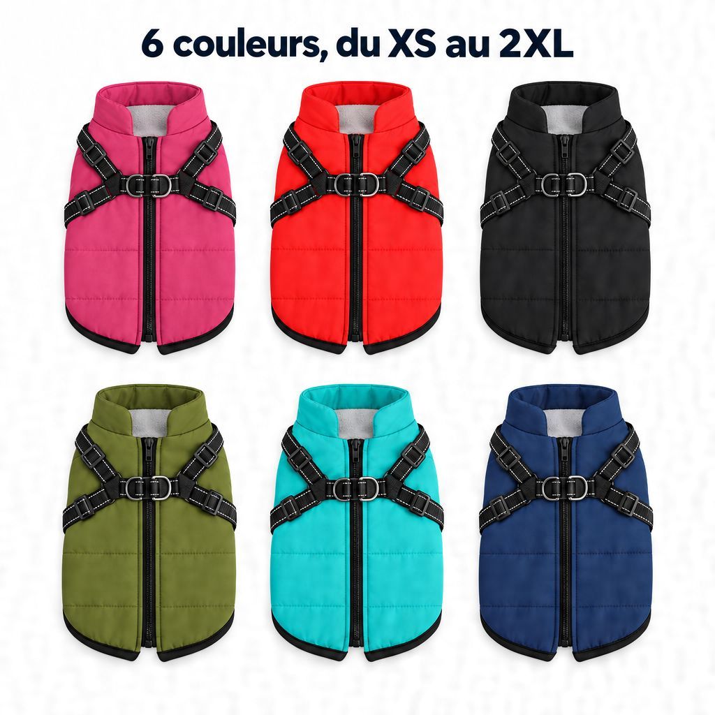 Le manteau chien en 6 couleurs : framboise, rouge, noir, vert olive, turquoise et bleu marine