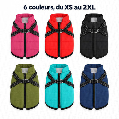 Le manteau chien en 6 couleurs : framboise, rouge, noir, vert olive, turquoise et bleu marine