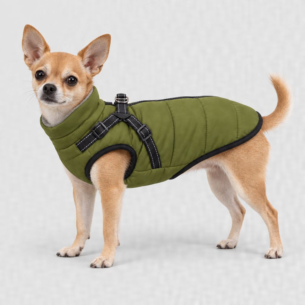 Chihuahua en manteau vert olive, tailles XS et S